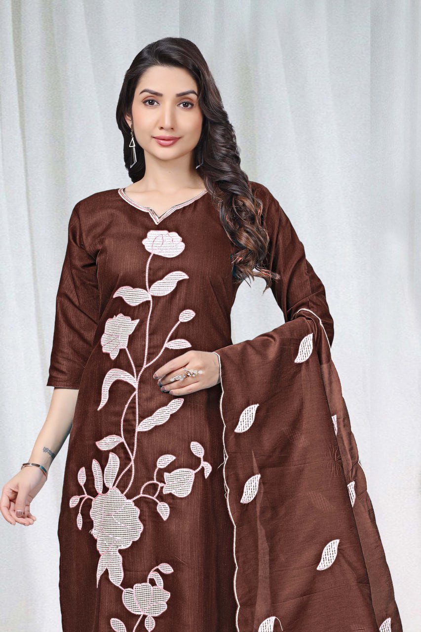 Premium Chocolate Brown Floral Embroidered Vertical Cotton Suit Set